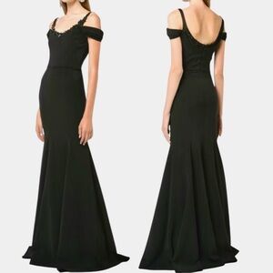 MARCHESA NOTTE Embellished Cold-Shoulder Off The Shoulder Stretch Crepe Gown NEW